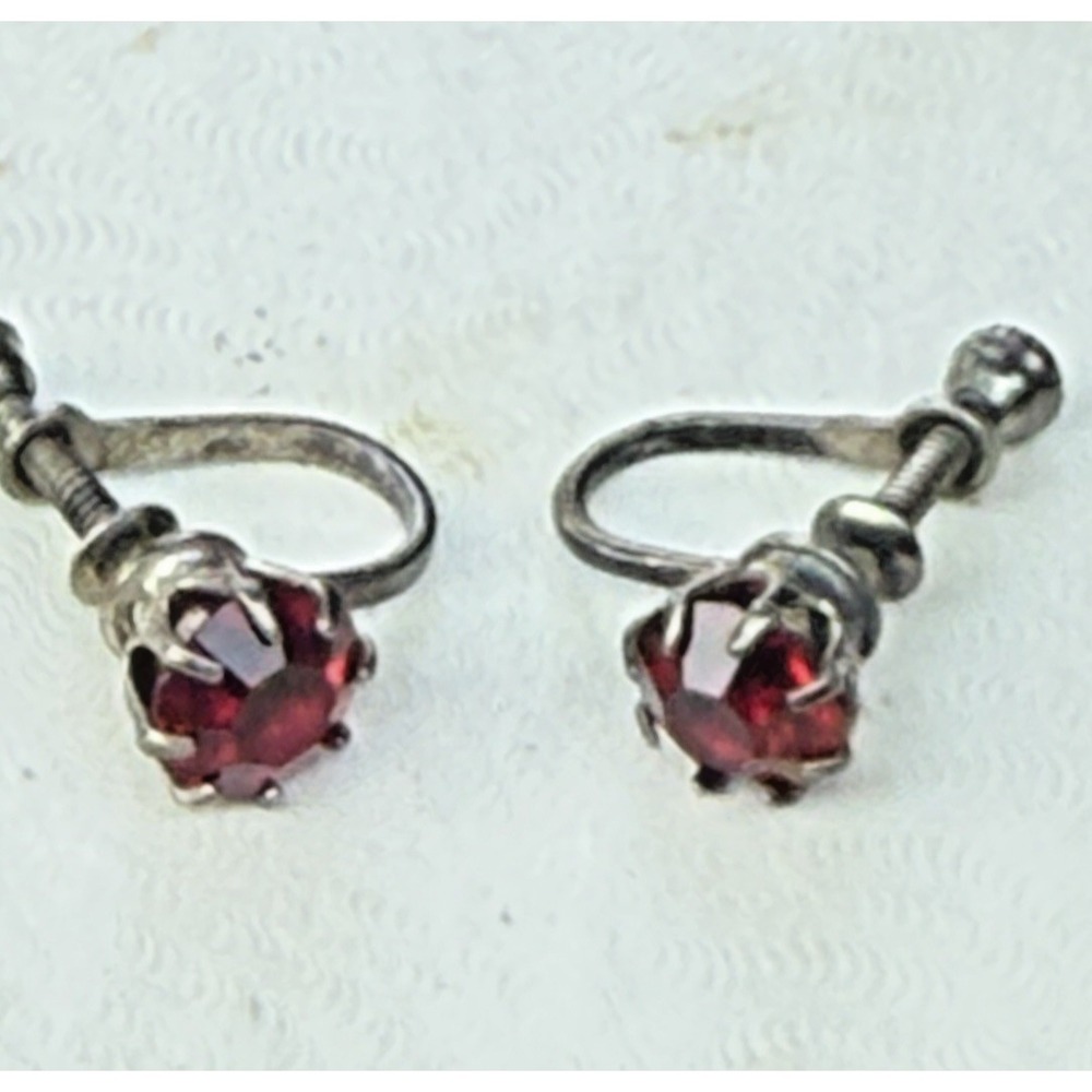 Sterling Silver Screw-Back Earrings – Red Rhinestone or Garnet Glass –‎ Marked